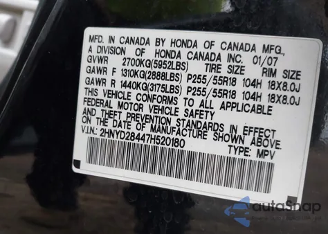 2007 Acura Mdx Technology Package from USA, damaged, VIN 2HNYD28447H520180